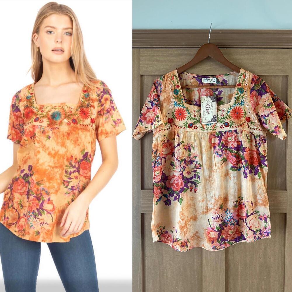 NWT Vintage Goa Square Neck Embroidered Floral Boho Top in Mango Women size Med‌